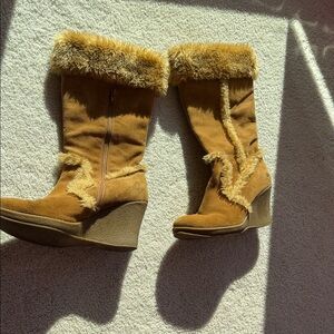 Ruff Hewn Brown Fur-Trimmed Wedge Boots